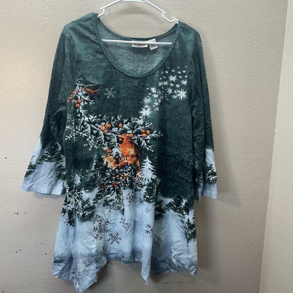 Collections ETC Woman’s Cotton Christmas Top Red Cardinals Sequins Green Sz XXL - Picture 1 of 6